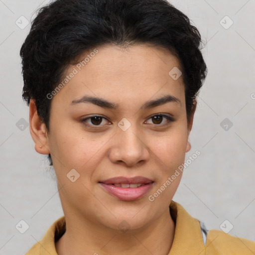 Joyful asian young-adult female with short  brown hair and brown eyes