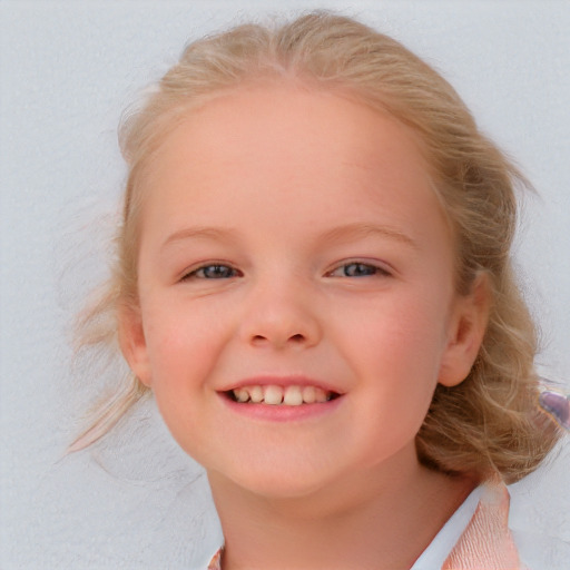 Joyful white child female with medium  blond hair and blue eyes