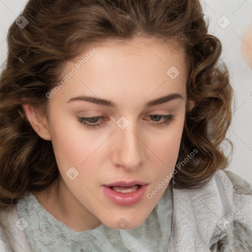 Neutral white young-adult female with medium  brown hair and brown eyes