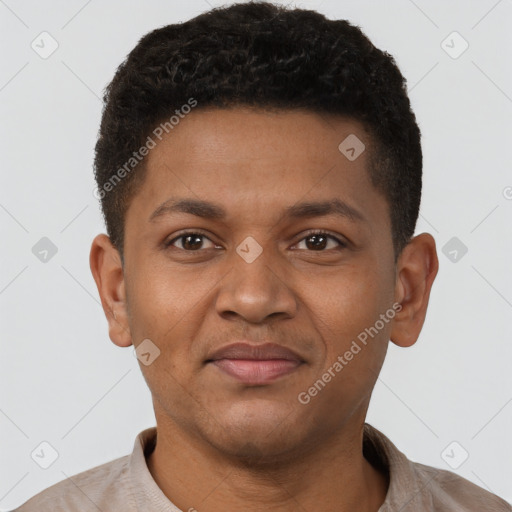 Joyful latino young-adult male with short  brown hair and brown eyes