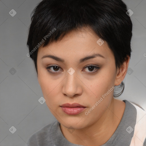 Neutral asian young-adult female with short  brown hair and brown eyes