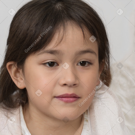 Joyful white child female with medium  brown hair and brown eyes