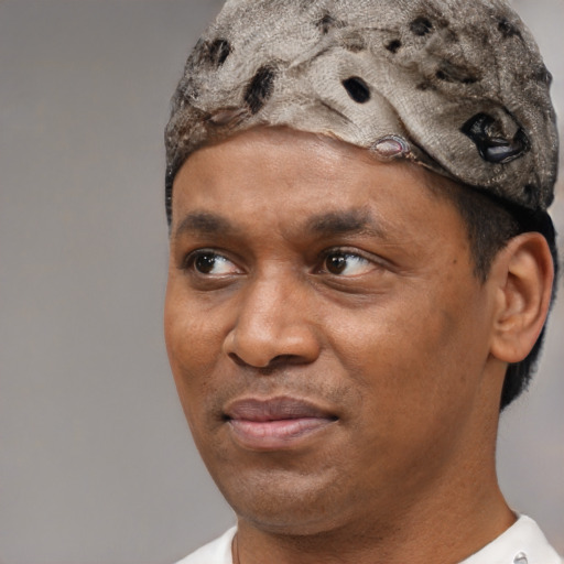 Joyful black adult male with short  black hair and brown eyes