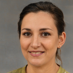 Joyful white adult female with medium  brown hair and brown eyes