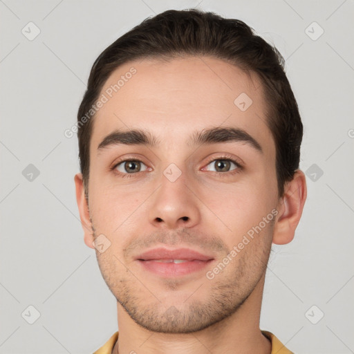 Neutral white young-adult male with short  brown hair and brown eyes