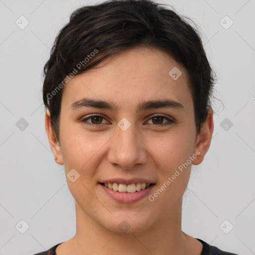 Joyful white young-adult female with short  brown hair and brown eyes