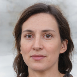 Joyful white adult female with medium  brown hair and grey eyes