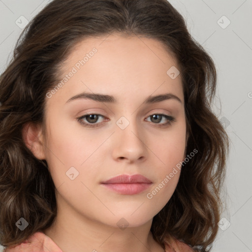 Neutral white young-adult female with medium  brown hair and brown eyes