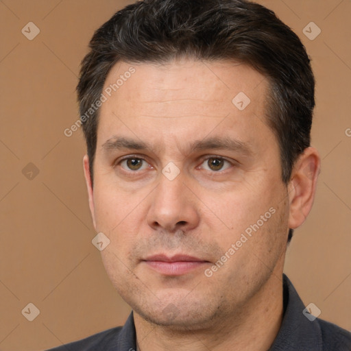 Neutral white adult male with short  brown hair and brown eyes