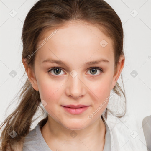 Joyful white child female with medium  brown hair and grey eyes