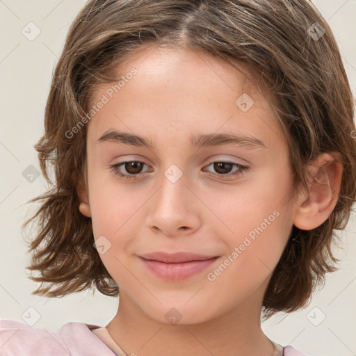 Joyful white child female with medium  brown hair and brown eyes