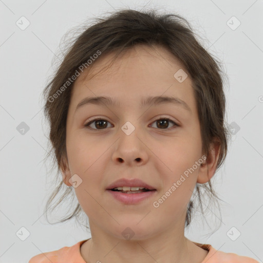 Joyful white child female with medium  brown hair and brown eyes