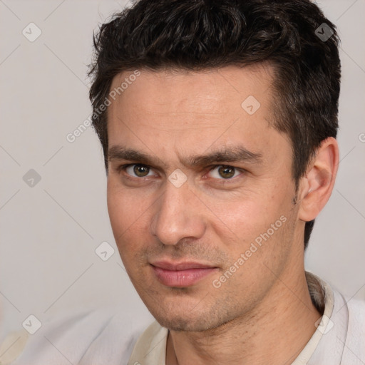 Neutral white adult male with short  brown hair and brown eyes