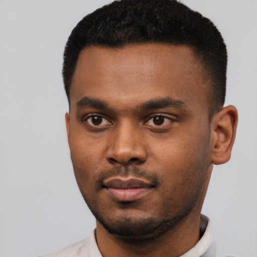 Neutral black young-adult male with short  black hair and brown eyes