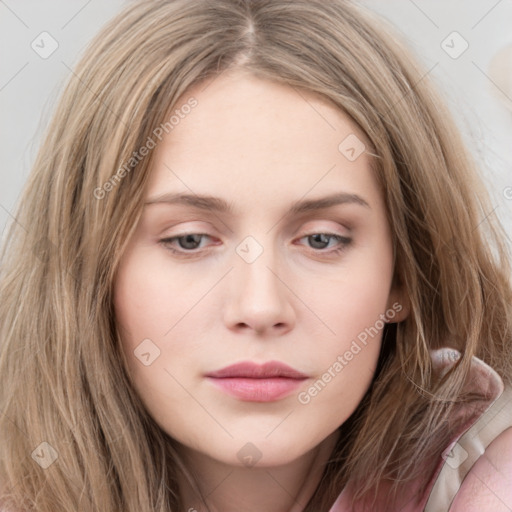 Neutral white young-adult female with long  brown hair and grey eyes