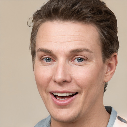 Joyful white adult male with short  brown hair and grey eyes