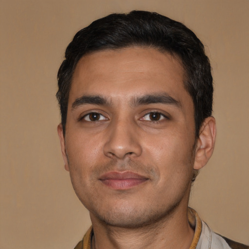 Neutral latino young-adult male with short  black hair and brown eyes