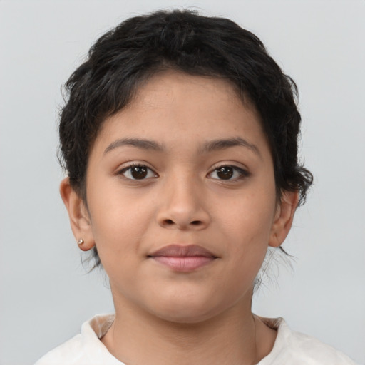 Joyful latino young-adult female with short  brown hair and brown eyes