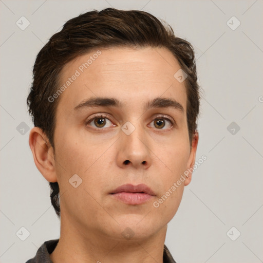 Neutral white young-adult male with short  brown hair and brown eyes