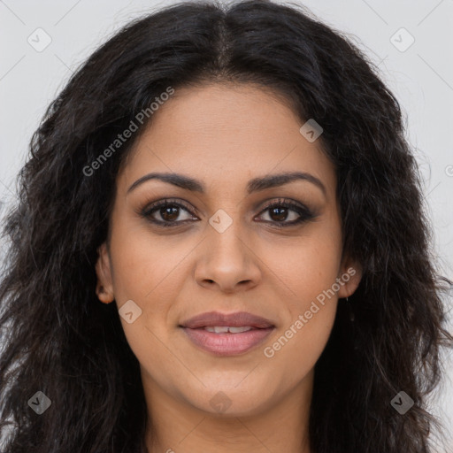 Joyful latino young-adult female with long  brown hair and brown eyes