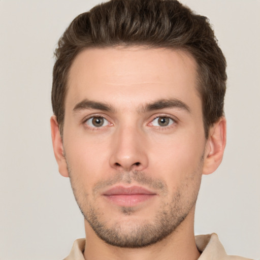 Neutral white young-adult male with short  brown hair and brown eyes