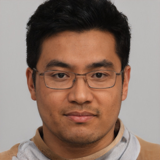 Neutral asian young-adult male with short  black hair and brown eyes