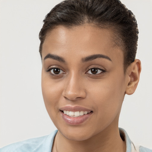 Joyful white young-adult female with short  brown hair and brown eyes