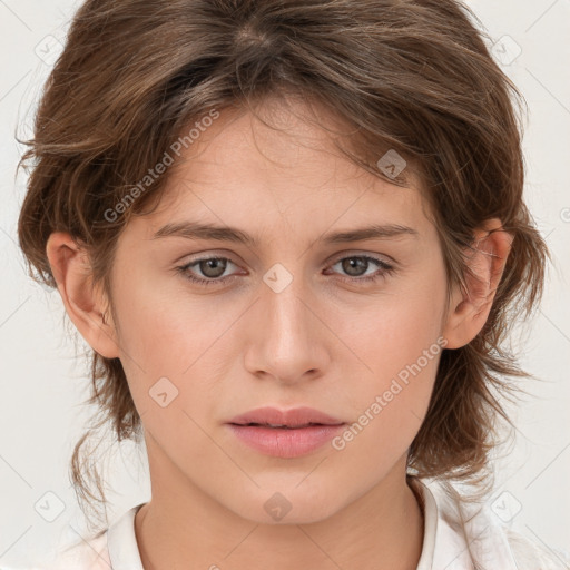 Neutral white young-adult female with medium  brown hair and brown eyes