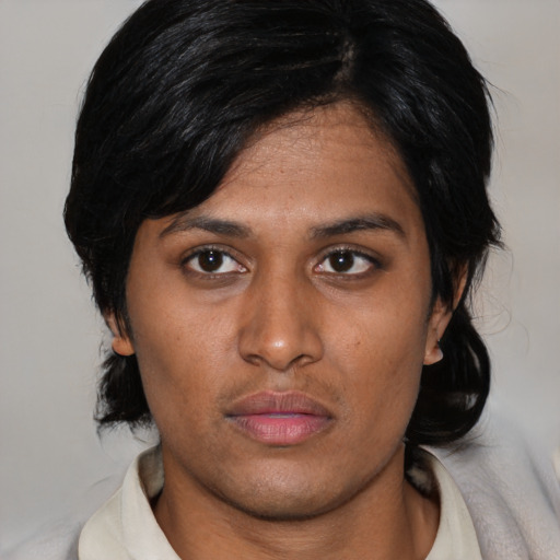 Neutral asian young-adult female with medium  black hair and brown eyes