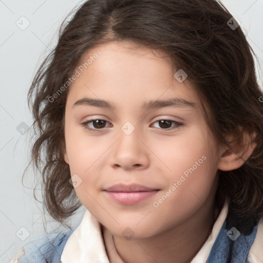 Joyful white child female with medium  brown hair and brown eyes