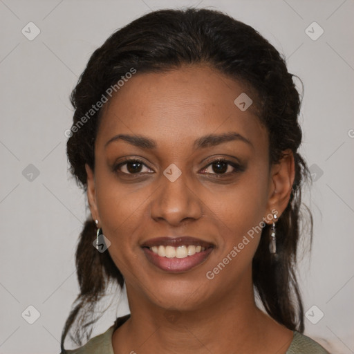 Joyful black young-adult female with medium  brown hair and brown eyes