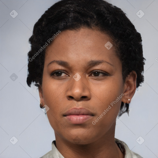 Neutral black young-adult female with short  brown hair and brown eyes