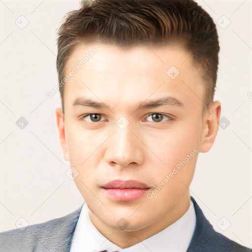 Neutral white young-adult male with short  brown hair and brown eyes