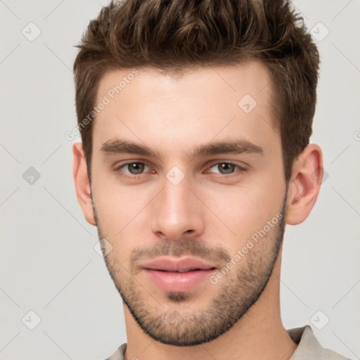 Neutral white young-adult male with short  brown hair and brown eyes