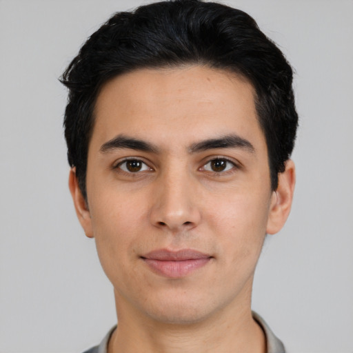 Neutral latino young-adult male with short  black hair and brown eyes