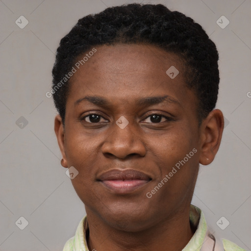 Joyful black young-adult female with short  brown hair and brown eyes