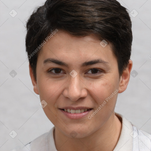 Joyful white young-adult female with short  brown hair and brown eyes