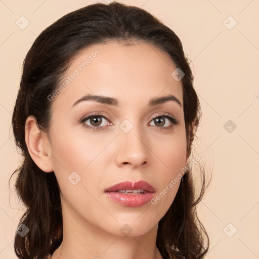 Neutral white young-adult female with medium  brown hair and brown eyes