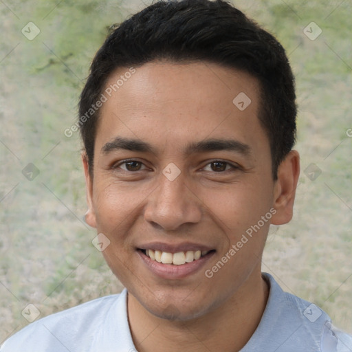 Joyful white young-adult male with short  black hair and brown eyes