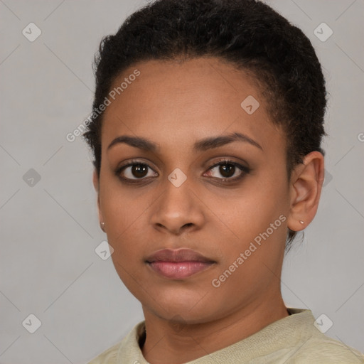 Neutral black young-adult female with short  black hair and brown eyes