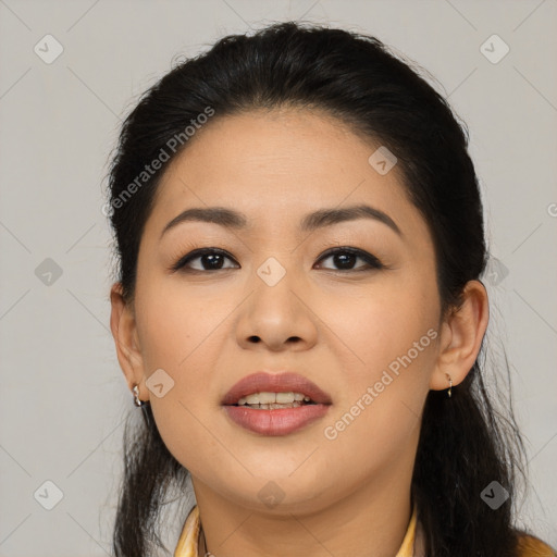 Joyful latino young-adult female with medium  black hair and brown eyes