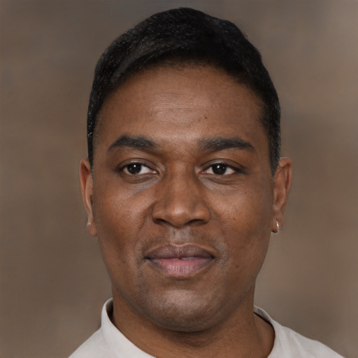 Neutral black adult male with short  black hair and brown eyes