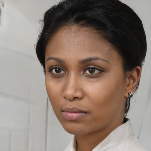 Neutral latino young-adult female with short  brown hair and brown eyes