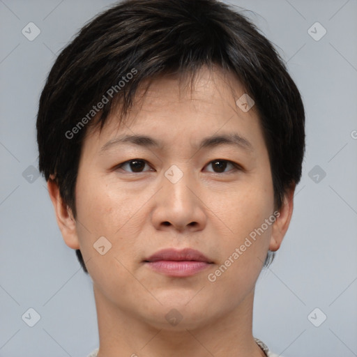 Joyful asian young-adult male with short  brown hair and brown eyes