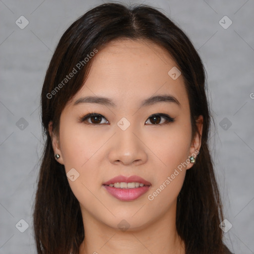 Neutral asian young-adult female with long  brown hair and brown eyes