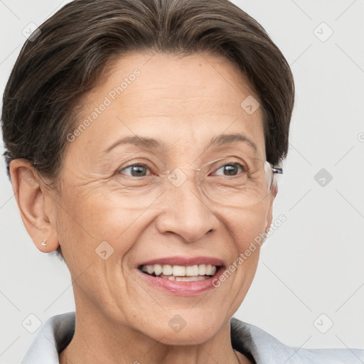 Joyful white adult female with short  brown hair and brown eyes