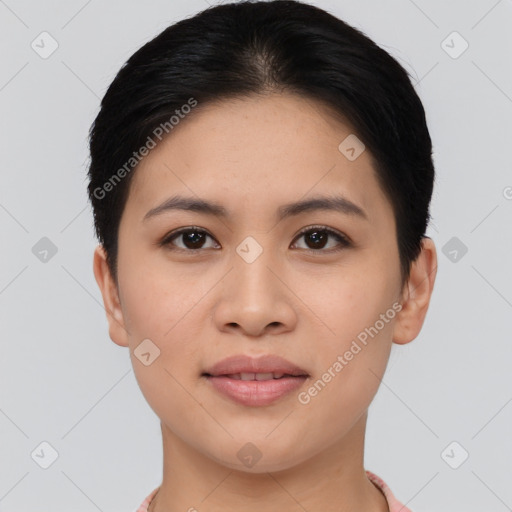 Joyful asian young-adult female with short  black hair and brown eyes