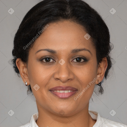 Joyful latino young-adult female with medium  brown hair and brown eyes