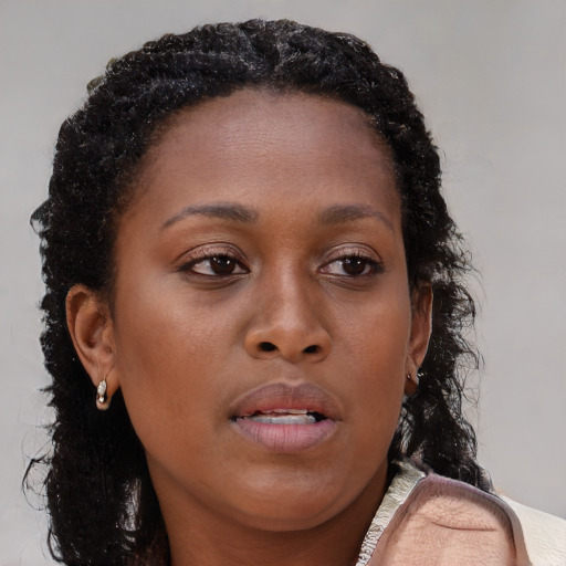 Neutral black young-adult female with medium  brown hair and brown eyes
