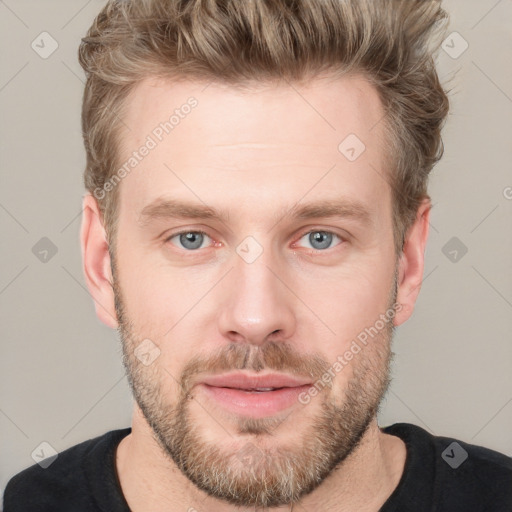 Joyful white adult male with short  brown hair and grey eyes